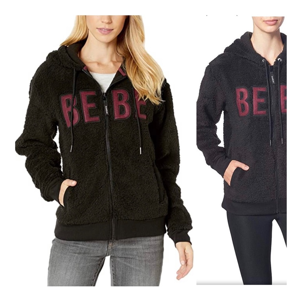BEBE Logo Women’s Sherpa Hooded Black Cozy Jacket Size Small NWT